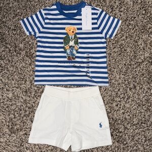 Ralph Lauren Blue Striped Bear Tee and White Shorts